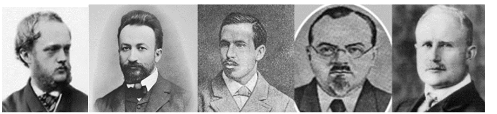 Fig. 2. Pioneers in studying the electrical brain activity. From left to right: Englishman Richard Caton (1842-1926), Polishman Adolf Beck (1863-1942); Russian Vasiliy Danilevsky (1852-1939); Ukrainian Wladimir Práwdicz-Neminski (1879-1952) and German Hans Berger (1873-1941).