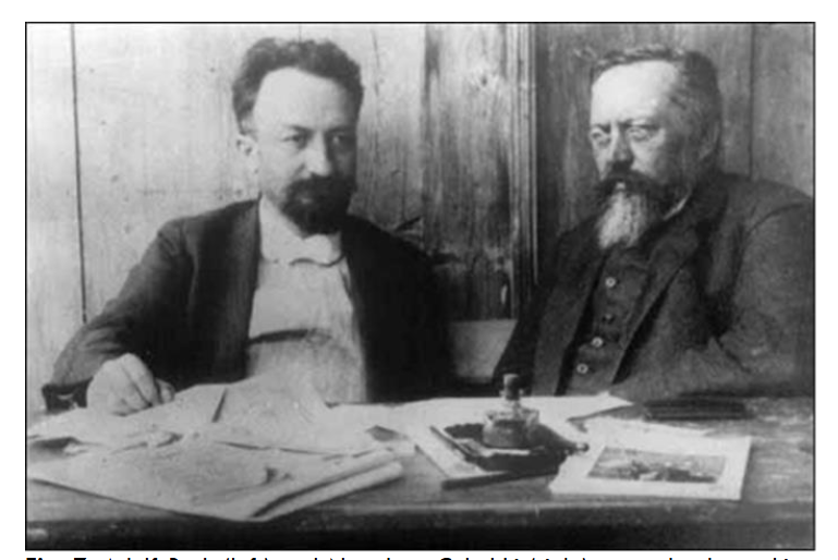 Fig. 7. Adolf Beck (left) and Napoleon Cybulski (right) were closely working together in electroencephalography in Kraków and in Lwów. This photo is made in 2011 while they were writing the textbook ‘Fizjologii Czŀowieka’ (‘Human Physiology’), which appeared in 1915. This was a popular must among medical students and doctors. Cybulski was a Polish pioneer in neurophysiology and endocrinology and the discoverer of adrenaline. He was nominated for the Nobel Prize for Physiology or Medicine in 1911, 1914 and 1918.