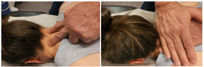 Figure 1: The therapist locates the cervical segment for manipulation (left picture). The upper-hand make the straight downward thrust on the cervical segment (right picture).