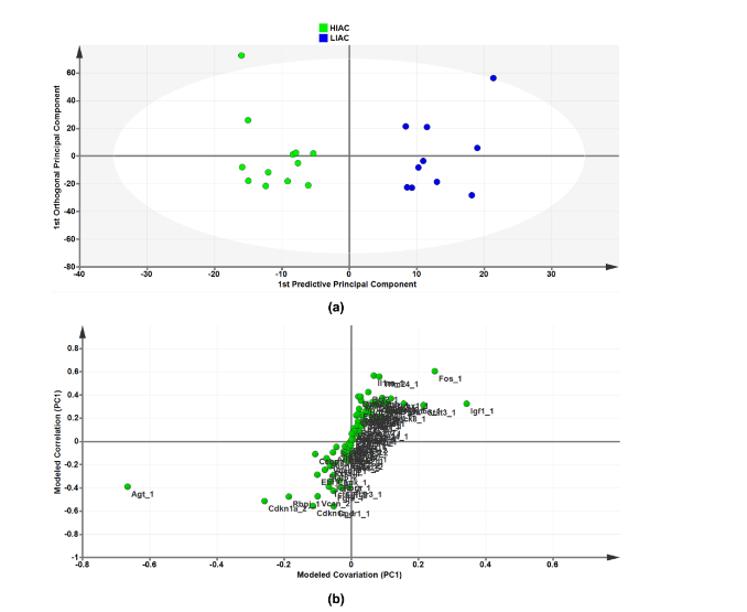 Figure 4. Orthogonal projections to latent structures for discriminant analysis (OPLS-DA) of upstream regulators found among the DEGs of the mammary gland in HIAC vs. LIAC rats: (a) OPLS scores plot: computed by the SIMCA software that was used for the analysis based on the Hotelling T2 statistic discriminant model; samples of HIAC rats indicated in green color, whereas samples of the LIAC rats—in blue color. (b) S-plot: upper right and lower left regions of S-plots contain candidate DEGs as upstream regulators with both high reliability and high magnitude of discrimination between classes.