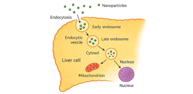 Figure 2. Image of the production of nano-carrier liver-nourishing tea ingredients and the endocytosis mechanism between liver cells (drawn by the author)