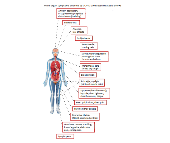 Figure 1. The multifunctional properties of pentosan polysulfate. Multi-organ systems affected by COVID-19 treatable with pentosan polysulfate.