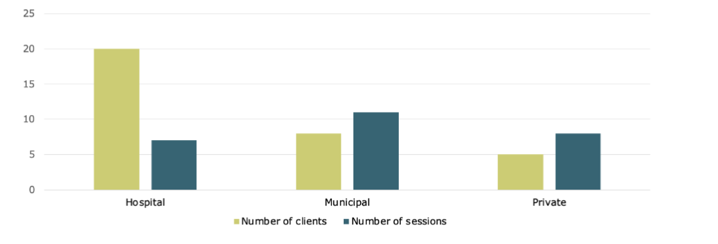 Median number of annual clients and sessions per client across settings.