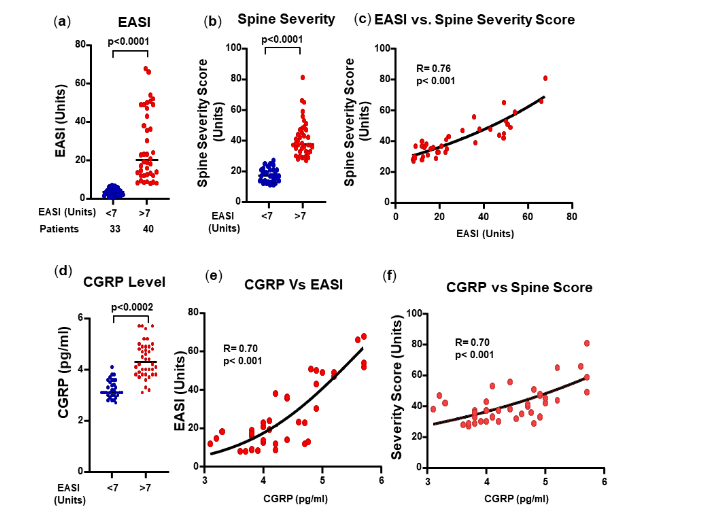 Figure 1. Correlation between the severity of dermatitis (EASI), the spinal condition and CGRP. (a) EASI score in the two groups. (b) Total spine severity score. (c) Correlation between total spine severity scores and EASI scores. (d) CGRP levels. (e) Correlation between CGRP levels and EASI scores. (f) Correlation between CGRP levels and total spine severity scores.