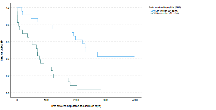 Figure 2 shows a boxplot comparing the difference between 'low BNP with HF' and 'high BNP with HF' revealing significant differences (p=0.004), and also the difference between 'low BNP without HF' and 'high BNP with HF' revealing significant differences (p=0.004).
