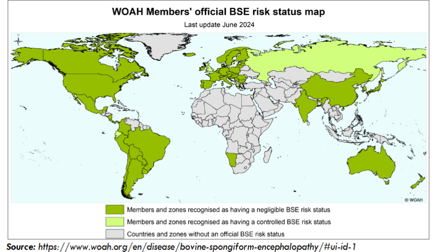 Figure 2: Bovine Spongiform Encephalopathy world status, according to World Organization for Animal Health (WOAH). Source: https://www.woah.org/en/disease/bovine-spongiform-encephalopathy/#ui-id-1