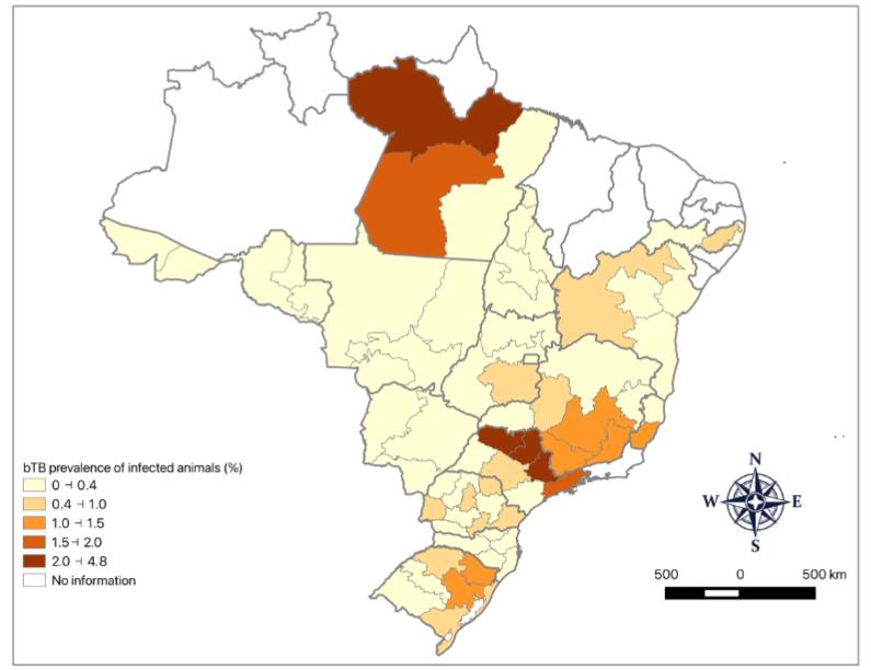 Figure 5: Prevalence of tuberculin-positive animals in the Brazilian states, according to their regions.