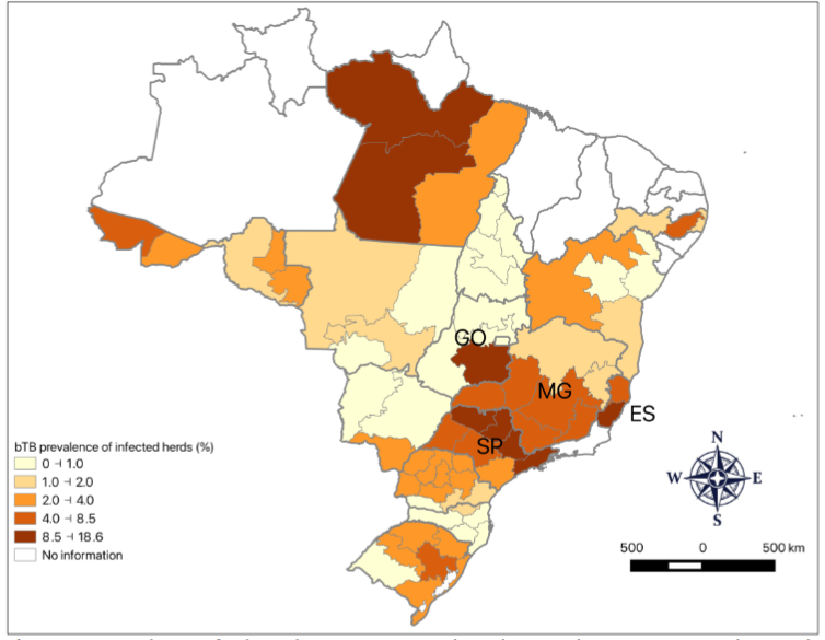 Figure 4: Prevalence of bTB-infected herds in the Brazilian states, according to their regions.