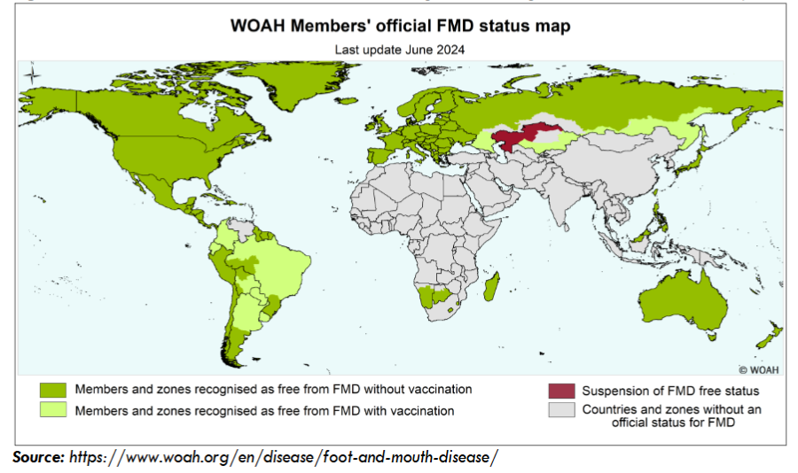 Figure 1: Foot-and-Mouth Disease world status, according to World Organization for Animal Health (WOAH). Source: https://www.woah.org/en/disease/foot-and-mouth-disease/