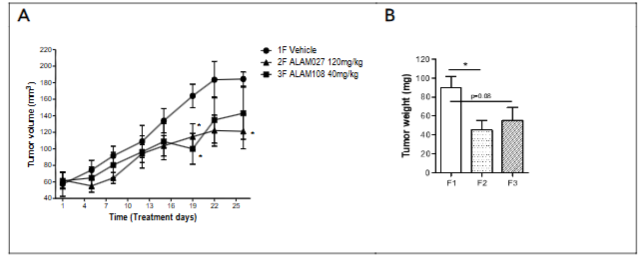 Figure 6. A) Tumor volume measurements in female nude mice during four weeks of treatment with the cannabinoids 2F 1 and 3F 2 (*p<0.05 according to two-tailed t-test); B) Tumor weight: F1 Vehicle, F2 1 and F3 2. Results represent means ±SEM of mice in each group (Statistics are presented for each Group compared to Group 1F only; *p<0.05 according to t-Test).