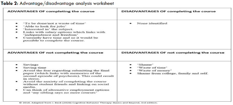 Table 2: Advantage/disadvantage analysis worksheet