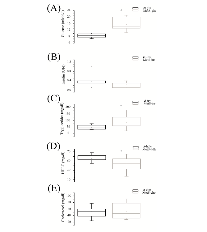 Figure 1. Characterization of chronic metabolic syndrome. The figure shows A) dyslipidemia, B) hyperglycemia and D) decrease in cHDL and insulin, this compared to control MetS. *vs control.