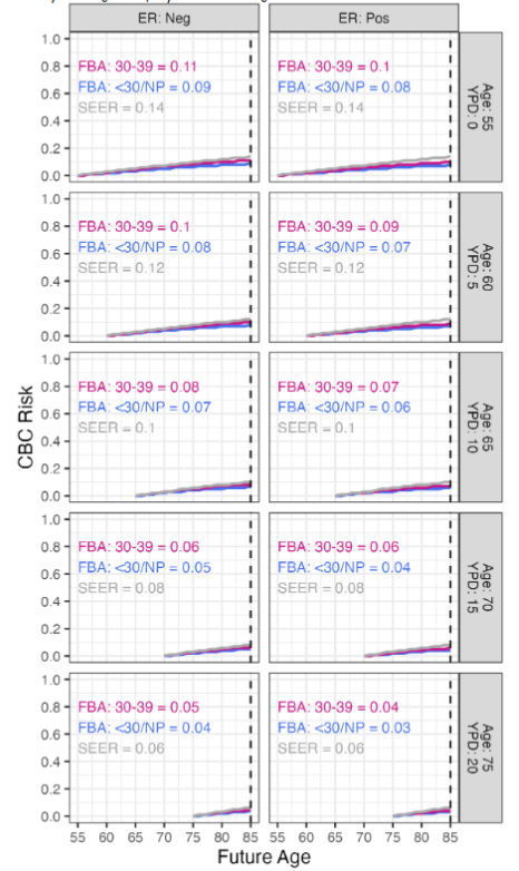 Figure 7. CBC risk estimates for patients diagnosed with unilateral breast cancer at age 55 stratified by years post-diagnosis (rows), estrogen status (columns), and first live birth age (plotted lines). The numbers in the left upper corner of each facet are the lifetime CBC risk estimates by age 85 by FBA. YPD: years post-diagnosis, CBC: contralateral breast cancer, ER: estrogen receptor, FBA: first-born age.