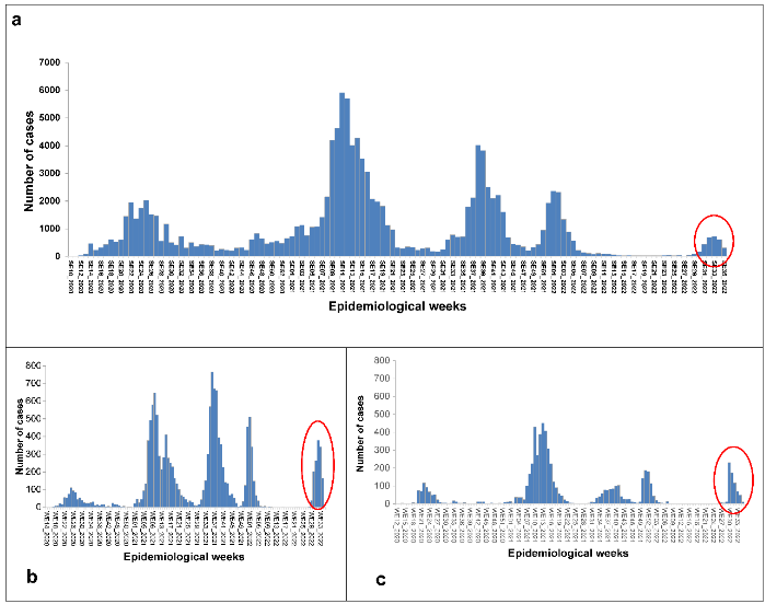 Figure 1. Comparison of epidemic curves of COVID-19 confirmed cases focusing on the 5th wave (red circled) of resurgence in Cameroon (A), and in the two most affected regions: North-West (B) and Littoral (C) regions.