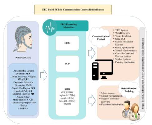 Figure 1. Example of BCI system and indications (Lazarou et al, 2018)