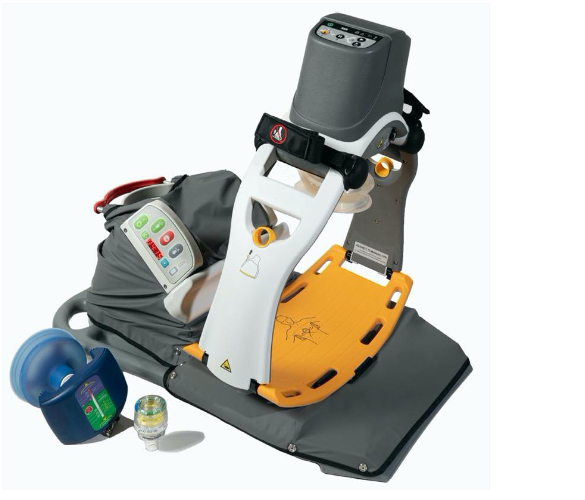 Automated head-up CPR patient positioning system, the EleGARD, coupled with automated CPR. The manual automated compression-decompression (ACD) CPR device and the impedance threshold device (ITD) are also shown on the left.