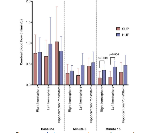 The blood flow to various areas of the brain with automated head-up CPR (HUP) vs automated compression-decompression CPR with impedance threshold device in supine and flat position (SUP) during a prolonged CPR effort (Moore et al. Resuscitation. 2017; 121:195-200).