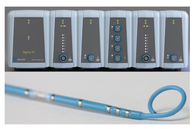 Biventricular pressure-volume loop system along with conductance catheters (top, CD Leycom, Hengelo, Netherlands), placement confirmation under fluoroscopy (bottom left) and transesophageal echocardiography (bottom right).