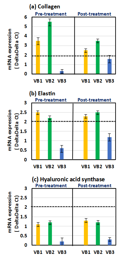 Effects of pre- or post-treatment with VBs on the expression of collagen (a), elastin (b), and hyaluronic acid synthase (c) in human dermal fibroblasts cultured in advanced glycation end products-causing stress conditions. A significant difference is considered when the delta delta Ct value differs by more than two-fold compared to the control.