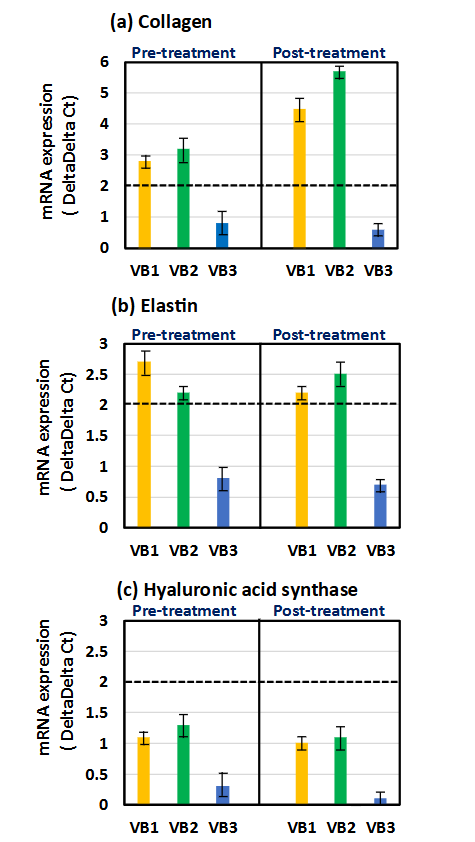 Effects of pre- or post-treatment with VBs on the expression of collagen (a), elastin (b), and hyaluronic acid synthase (c) in human dermal fibroblasts cultured in H2O2-causing stress conditions. A significant difference is considered when the delta delta Ct value differs by more than two-fold compared to the control.