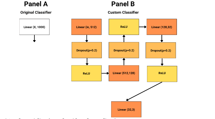 Figure 3: Panel A ->Original Classifier vs Panel B -> Custom Classifier. Panel A shows the original single-layer classifier (e.g., Linear(X, 1000)), while Panel B shows the custom multi-layer classifier used in all models: Linear(in, 512) → Dropout(0.2) → ReLU → … → Linear(32, 3).
