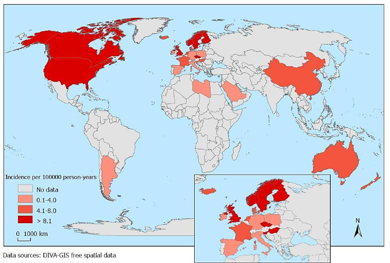 Figure 1: Incidence of Crohn's disease worldwide.
