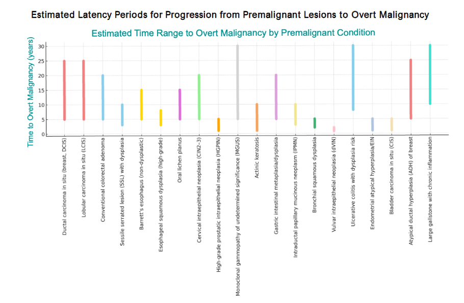 Summarizes the estimated time intervals from diagnosis of selected premalignant conditions to the development of overt malignancy, based on published natural history and longitudinal cohort data. Each bar represents the approximate latency range (in years) observed for the specific lesion, highlighting substantial variability between conditions. Longer latency periods (e.g., lobular carcinoma in situ, large gallstone-associated chronic inflammation) suggest wider intervention windows. In contrast, shorter intervals (e.g., bronchial squamous dysplasia, vulvar intraepithelial neoplasia, high-grade PIN) underscore the need for closer surveillance. Values reflect composite ranges from multiple studies and may vary with patient age, comorbidities, and exposure to additional risk factors.