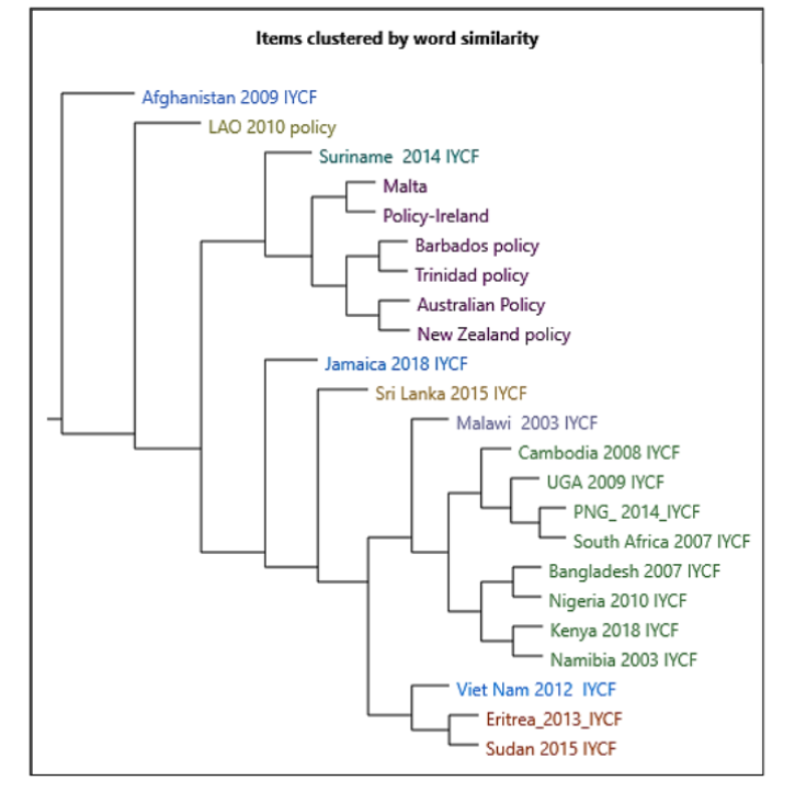 Figure 3. Word cluster showing similarity and dissimilarity in the Australian national and global breastfeeding and infant and young child feeding policies