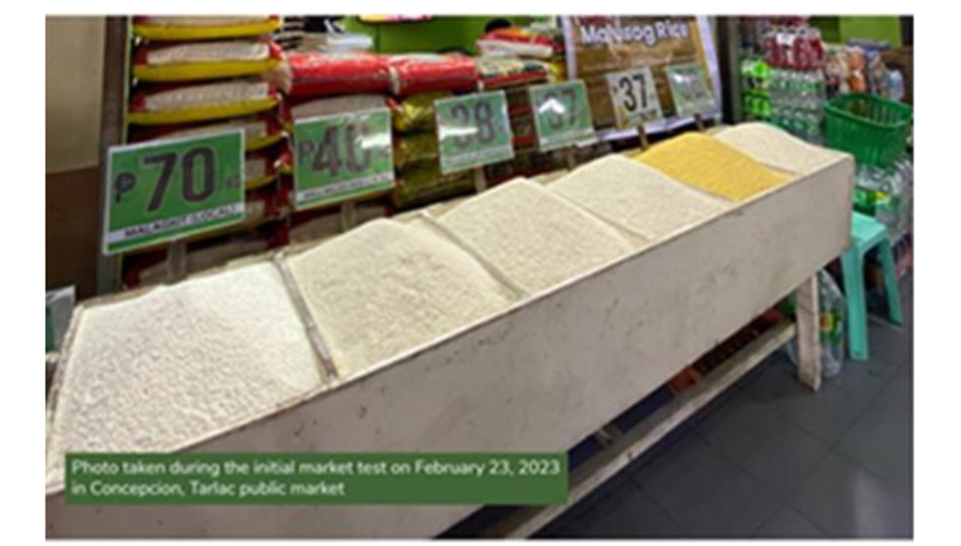Figure 1. Malusog Rice on sale in the Philippines. Note its price: 37 PHP compared with 37 – 70 PHP for white rice varieties. (Golden Rice is called Malusog Rice in the Philippines. Malusog Rice means ‘healthy rice’, in the Tagalog language.)