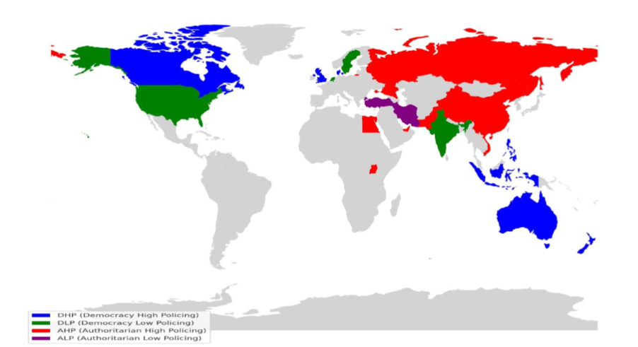 Figure 4: Mapping COVID-19 Response: High and Low Police Intervention across Libertarian (Democratic) and Authoritarian (Autocratic) Countries.
