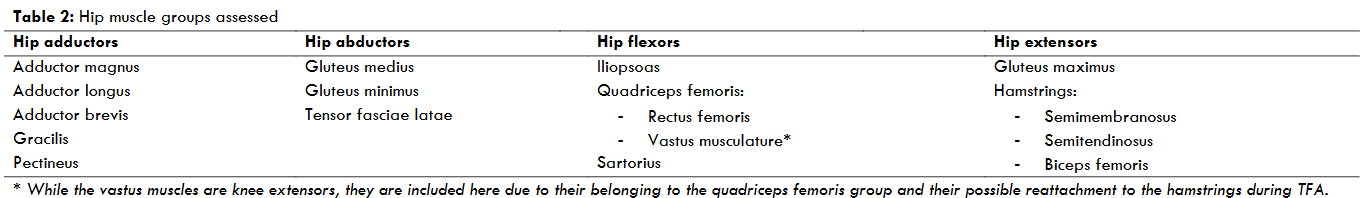 Table 2: Hip muscle groups assessed.