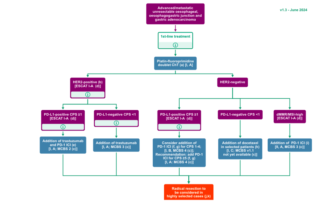 Figure 3: Treatment algorithm for advanced esophageal, esophagogastric junction and gastric adenocarcinoma.