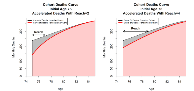 Figure 7: Sensitivity of Covid deaths' curves to changes in the reach for the worst-case extreme-mortality scenario.