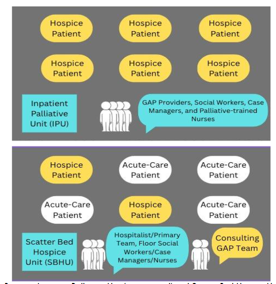 Figure 1. Differences Between Inpatient Palliative Unit (upper panel) and Scatter Bed Hospice Unit (lower panel). GAP, geriatrics and palliative medicine.