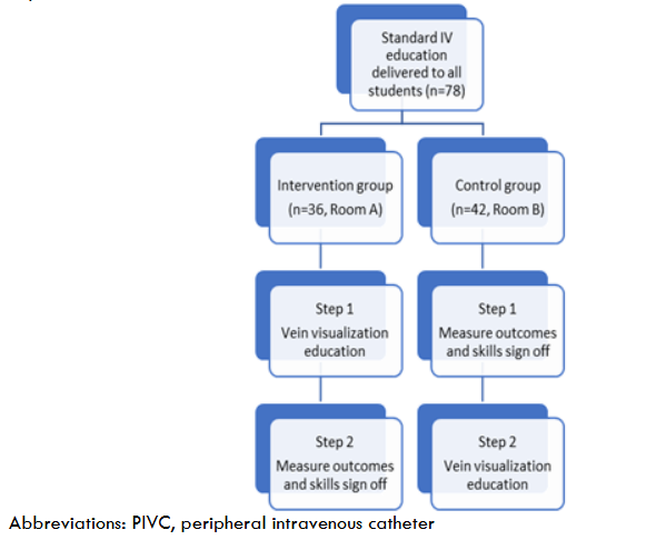 Figure 2. Delivery of PIVC insertion education delivered to senior baccalaureate nursing students enrolled in a 12-week capstone course. Abbreviations: PIVC, peripheral intravenous catheter.