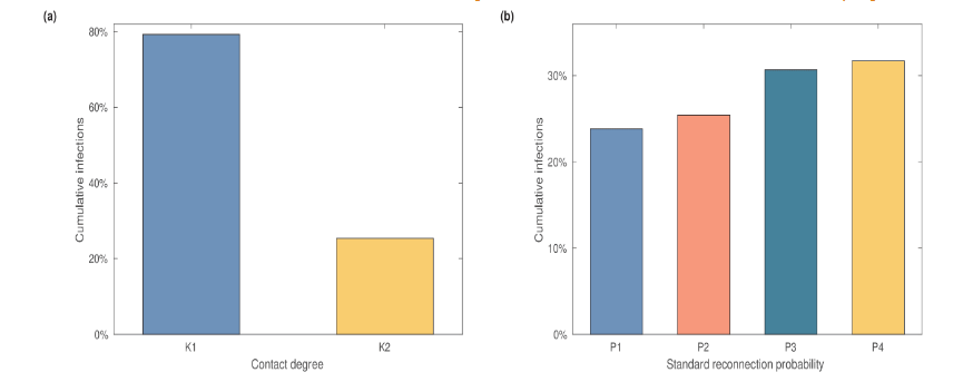 Figure 7: Influence of dynamic network parameters on the epidemic size. (a) The cumulative infection fractions under different average contact degrees, with the standard reconnection probability set as P3. (b) Cumulative infectious fractions using different standard reconnection probabilities, with the average contact degree set at K2.
