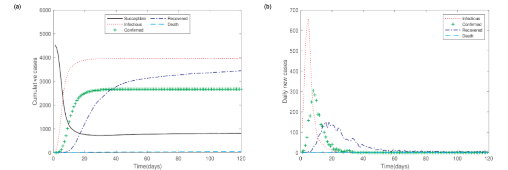Figure 3: Cases without prevention and control measures. (a) Cumulative cases. (b) Daily new cases. Here, N = 5000, and there are 7 initial infectious individuals at t = 0.
