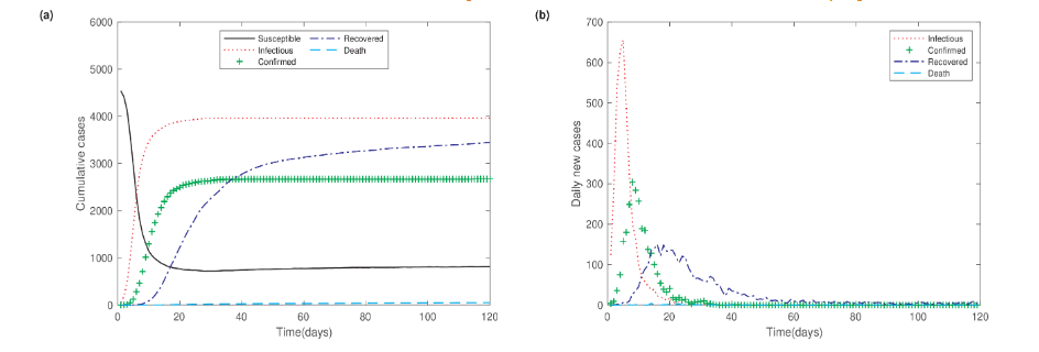 Figure 3: Cases without prevention and control measures. (a) Cumulative cases. (b) Daily new cases. Here, N = 5000, and there are 7 initial infectious individuals at t = 0.