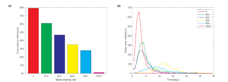 Figure 4: Dependence of cumulative infections on the mask-wearing rate. (a) Cumulative infection fractions versus mask-wearing rate. (b) Evolution of daily new cases under different mask-wearing rates.