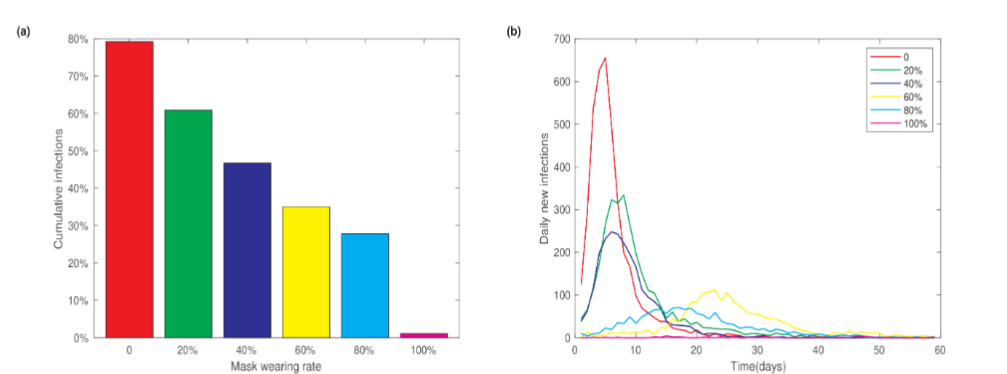 Figure 4: Dependence of cumulative infections on the mask-wearing rate. (a) Cumulative infection fractions versus mask-wearing rate. (b) Evolution of daily new cases under different mask-wearing rates.