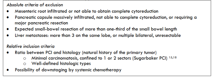 Table 2: Inclusion and exclusion criteria for radical cytoreductive surgery by laparoscopic cytoreductive surgery with hyperthermic intraperitoneal chemotherapy