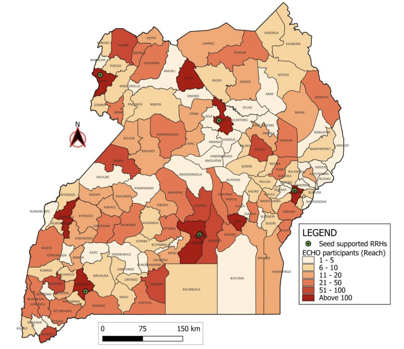 Figure 3: Geographic Coverage of EMS ECHO Participants by District. Note: Map illustrates districts in Uganda with at least one EMS ECHO participant. Data source: EMS ECHO program database, 2021â€“2024.