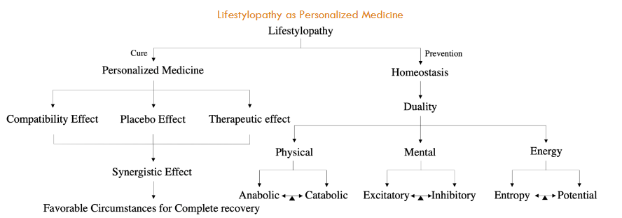 Figure 1: The figure outlines a framework for addressing lifestyle-related health conditions, focusing on curative and preventive approaches. The curative path centers on personalized medicine, utilizing compatibility effects, placebo impacts, and targeted interventions across physical, mental, and energy domains. Meanwhile, prevention focuses on homeostasis and duality, striving to sustain internal balance.