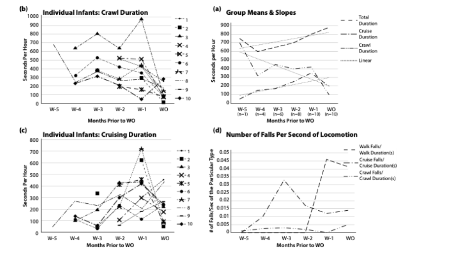 (a) Group means and regressions for crawling, cruising, and total locomotion by month (or year) across months to and at WO. (b) Number of falls per second of locomotor activity for each locomotor pattern.