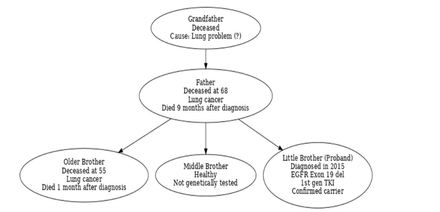 Family pedigree demonstrating possible familial clustering of lung cancer. The proband (arrow) and two first-degree relatives (father and brother) were diagnosed with lung cancer.