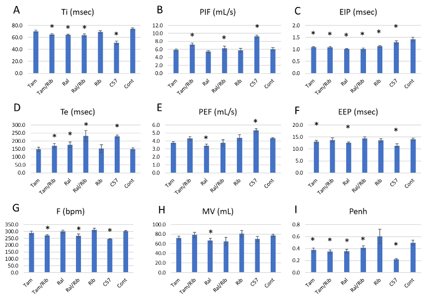 Figure 7. Whole-body plethysmography of the P448L- mutant mice. A and D) Ti and Te, Inspiratory time and Expiratory time measured in milliseconds (msec). B and E) PIF and PEF, Peak inspiratory flow and Peak expiratory flow measured in milliliters per second (mL/s). C and F) EEP and EIP, End expiratory pause and End inspiratory pause measured in milliseconds (msec). G) F, Respiratory rate measured in beats per minute (bpm). H) MV, Minute volume measured in milliliters (mL). I). Penh; Enhanced pause presented as index number. Tam, tamoxifen; Ral, raloxifene; Rib, ribitol; Cont, Control. * = P<0.05 compared to untreated control.