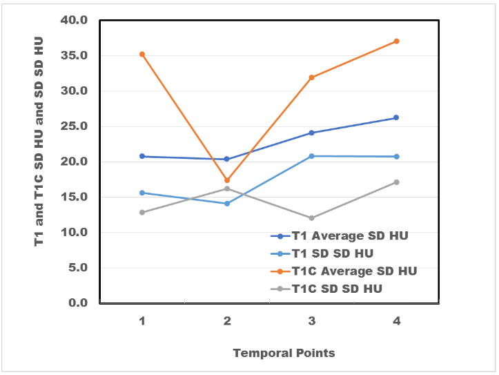 Average standard deviations of HU of T1 images at different temporal points in different VOIs and corresponding SD SD HU.