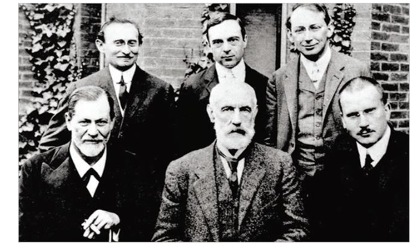 Fig. 2. Six great psychoanalysts on a meeting in Worcester (USA) in 1909 at the Clark University. Left to right standing: Abraham Brill, Ernest Jones and Sándor Ferenczi. Left to right sitting: Sigmund Freud, Stanley Hall and Carl Gustav Jung. Both Freud and Jung received their doctorate honoris causa. Freud gave 5 lectures in German the only time he was in the United States. The photo illustrates the multiple versions of psychoanalysis.