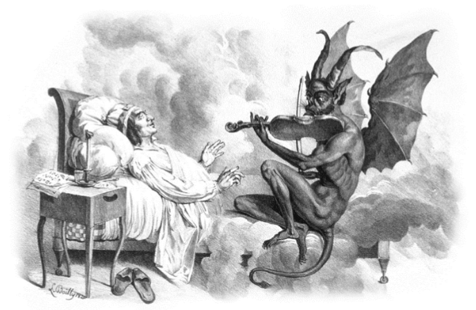Fig.7. Left. Hypnagogic hallucinations at sleep onset. The picture shows how the devil came into the dream of the composer Giuseppe Tartini and inspired him to compose the Violin Sonata in G Minor: The Devils Trill.