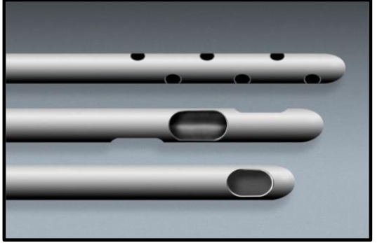 Figure 10B: Close of images of the microcannulas: Top: Multiport Infiltrator close up Middle: Off-Set Spiral Harvester (Carraway) close up Bottom: Single Port Injection (comes in varying lengths and diameter (up to 19 gauge), use in neural or hydro-dissection (PPP) applications and grafting